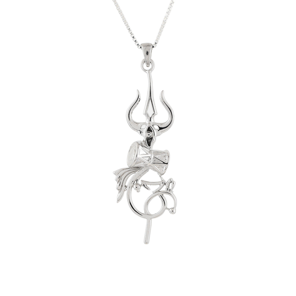 925 Sterling Silver Lord Shiva Trishul Om Damru Pendant With Chain