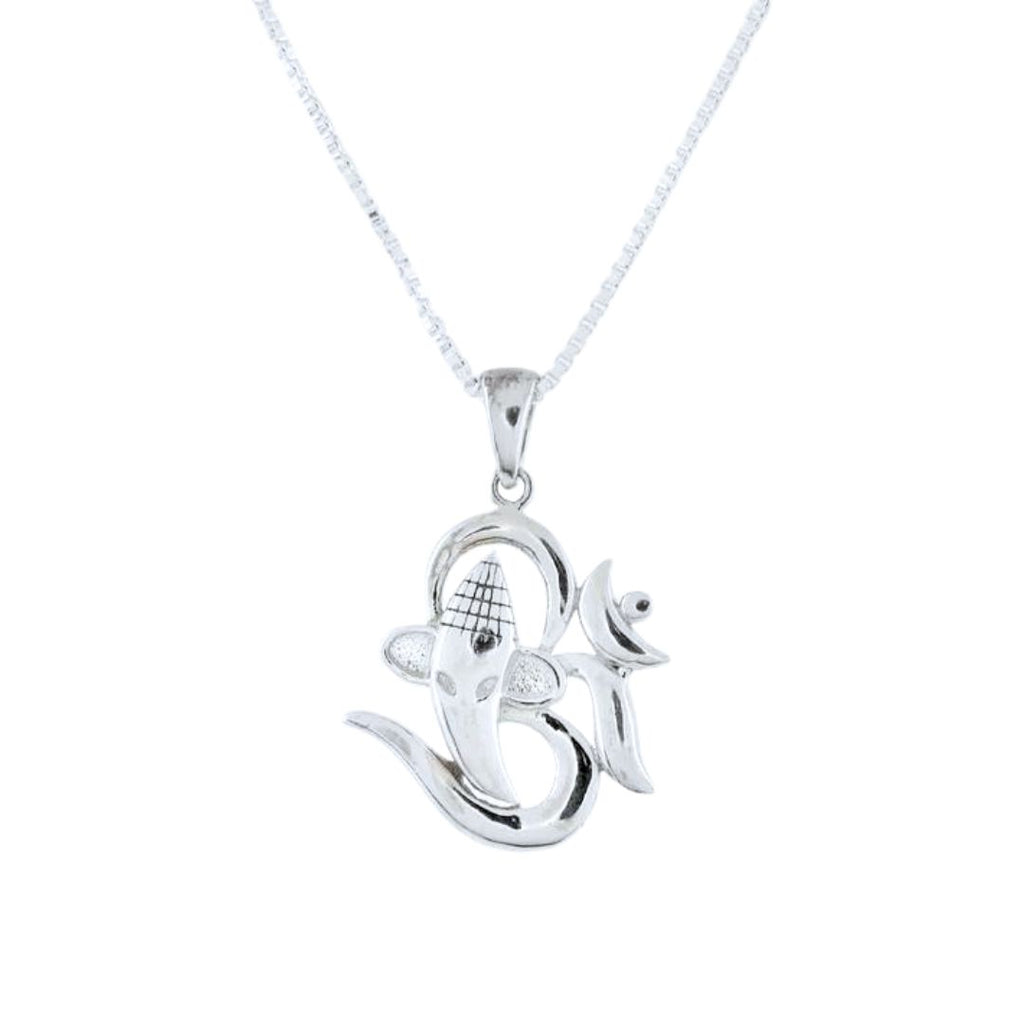 Pure 925 Sterling Silver Om Ganpati Rhodium Plated Unisex Pendant with Chain