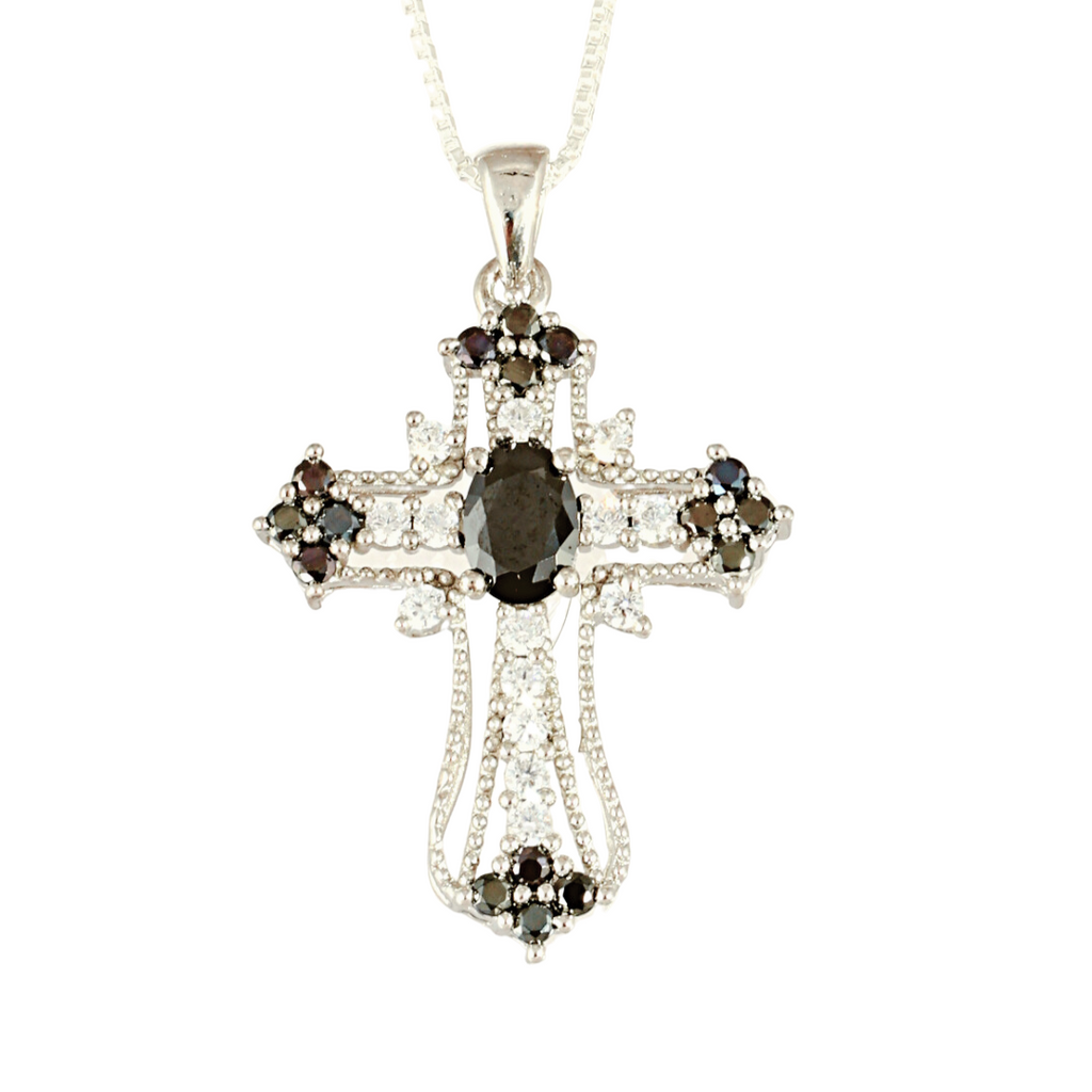 PURE 925 Silver Cross Vintage Style Pendant With Chain White And Black CZ Stones