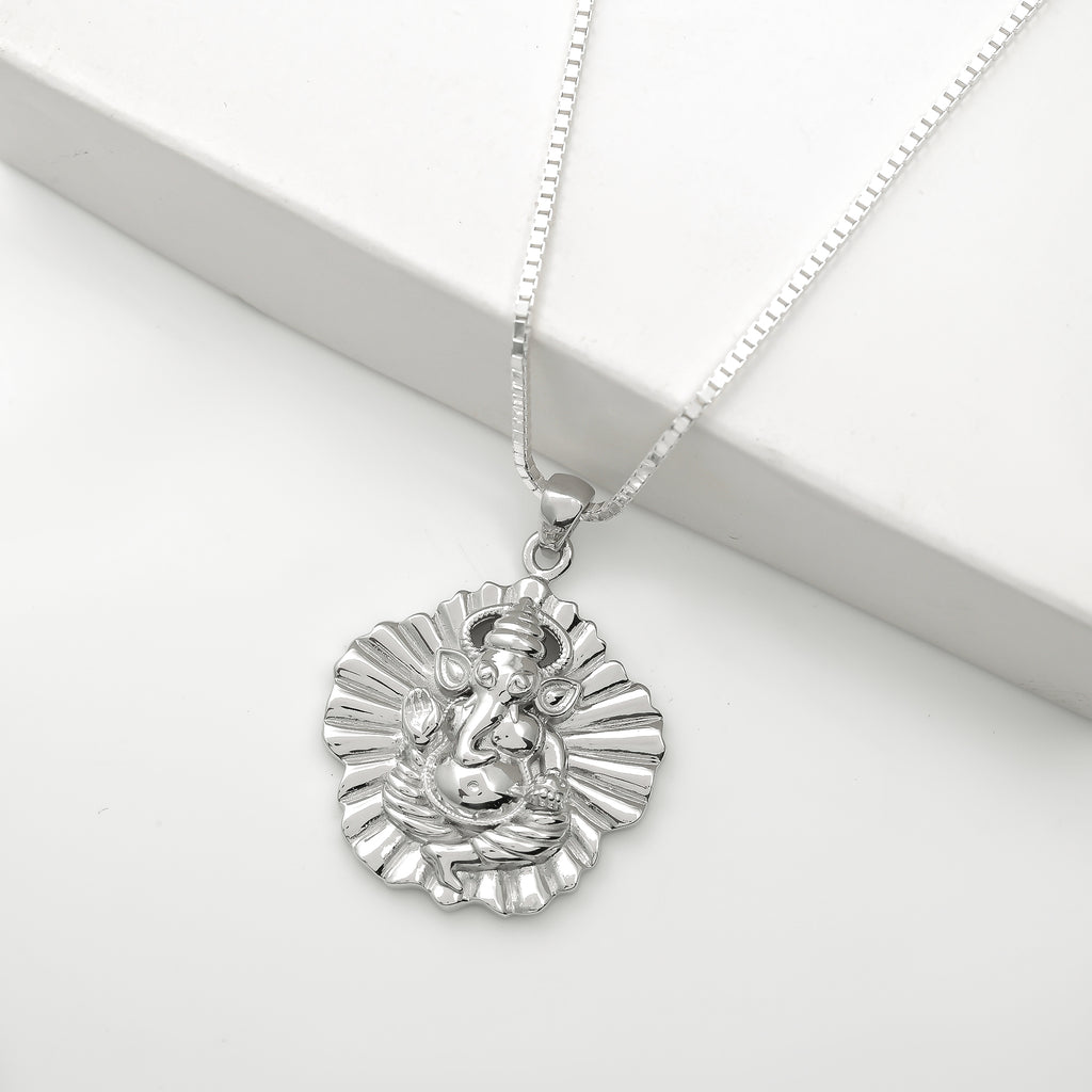 Pure 925 Silver Ganesh ji on Leaf Pendant with Chain | RadhaMahi