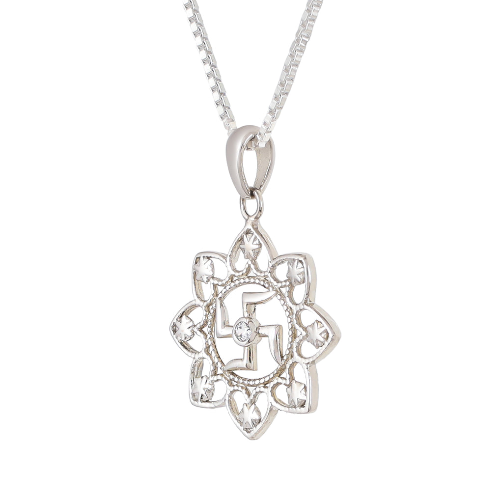 Pure 925 Silver Round Shape Swastik Pendant with Chain