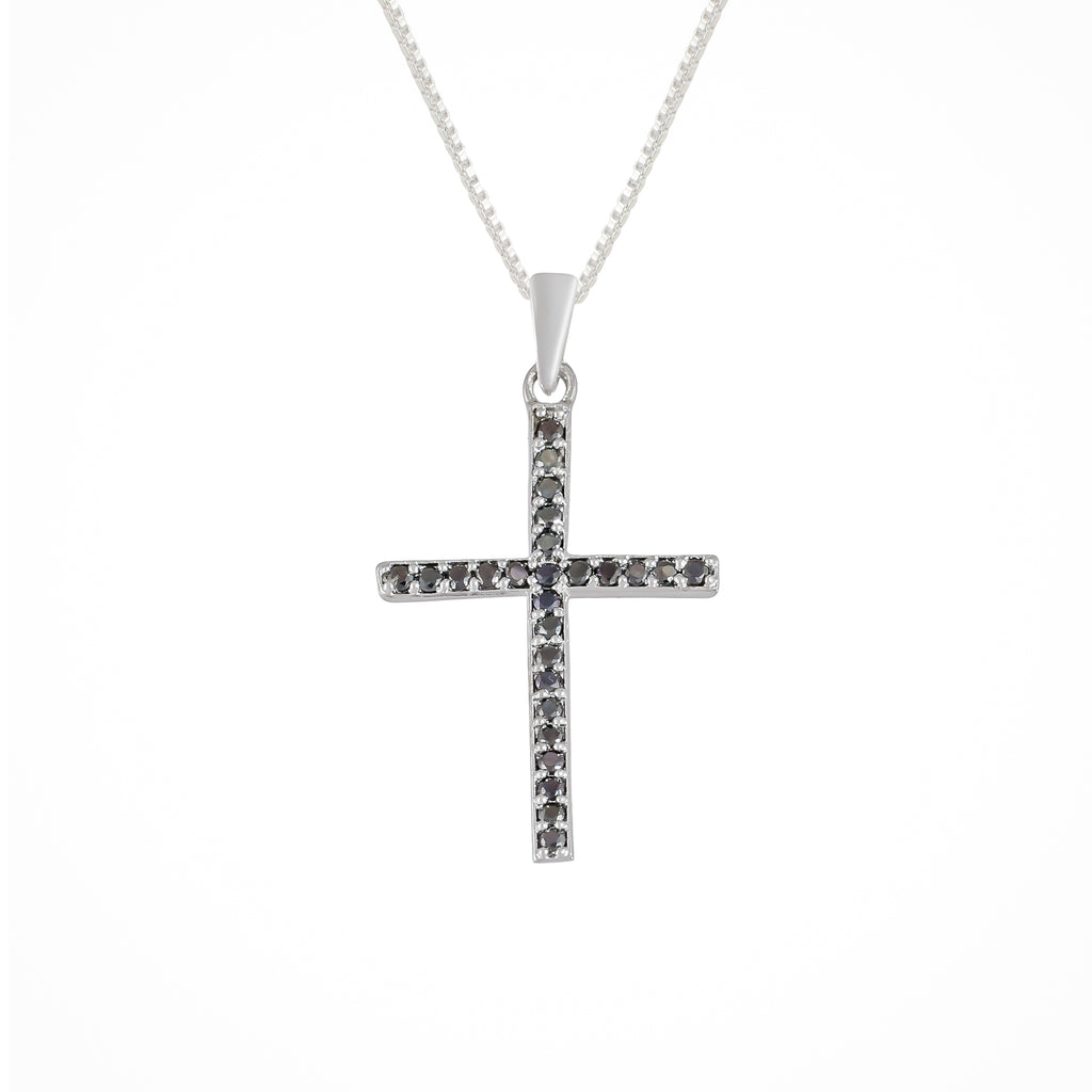 Pure 925 Silver Black Stones Cross Pendant with Chain | RadhaMahi