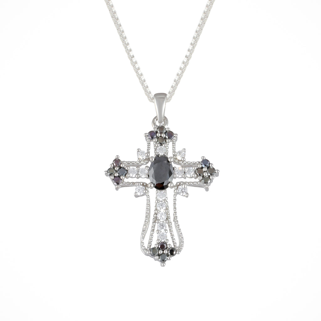 PURE 925 Silver Cross Vintage Style Pendant With Chain White And Black CZ Stones
