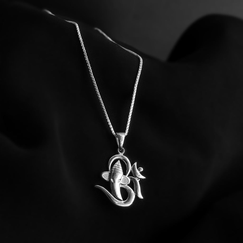 925 Silver Om Ganesh Rhodium Plated Pendant with Chain unisex