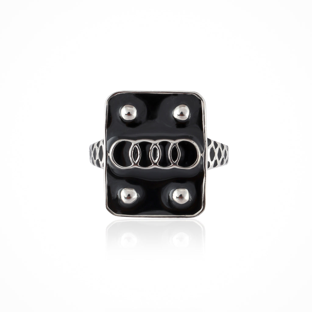 Sterling Silver Pure 925 Audi Symbol with Black Background Square Shape Ring for Men's