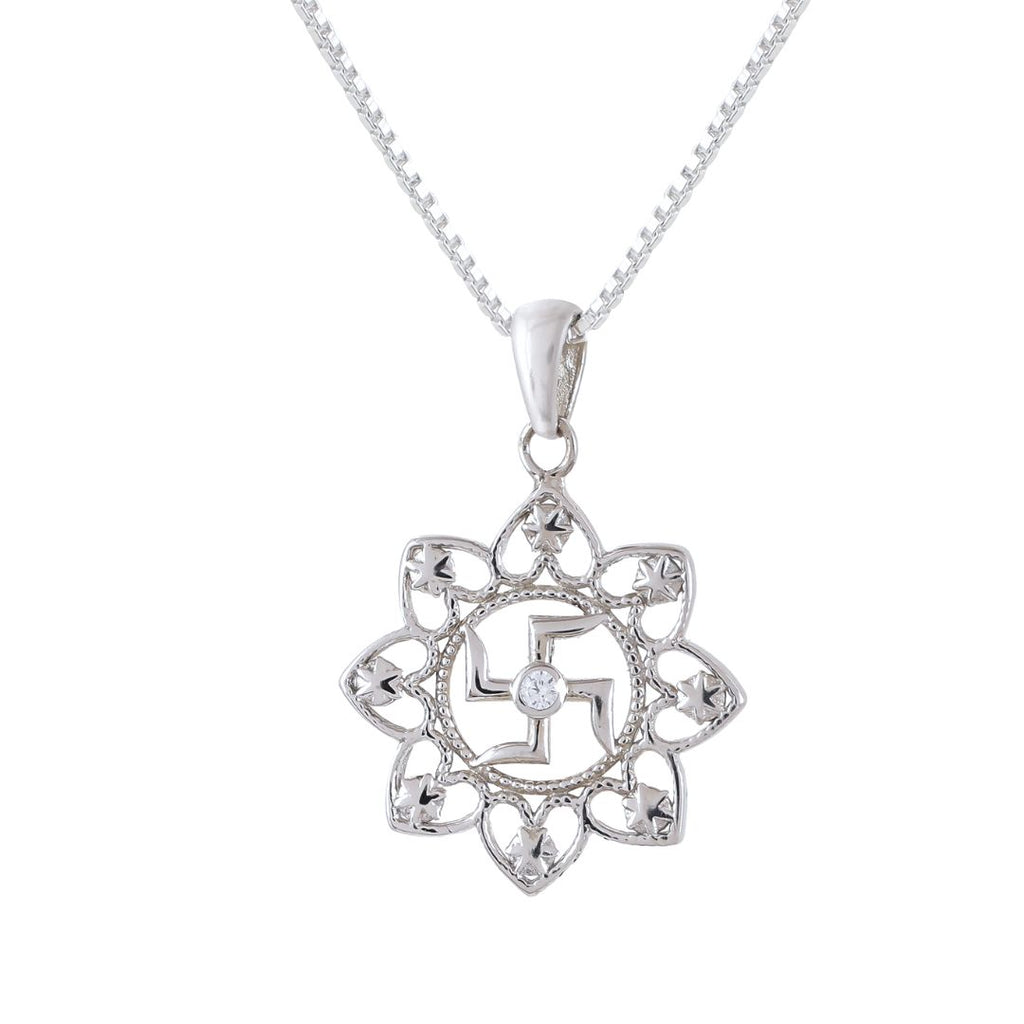 Pure 925 Silver Round Shape Swastik Pendant with Chain