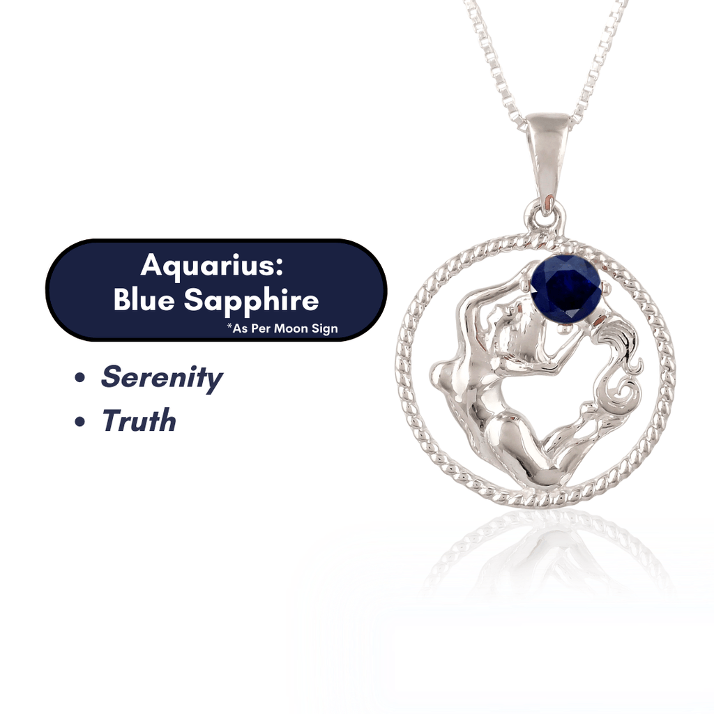 Aquarius & Blue Sapphire Pure 925 Silver Zodiac Pendant