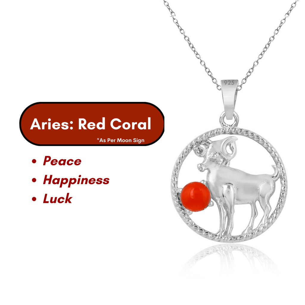 Aries & Red Coral Pure 925 Silver Zodiac Pendant