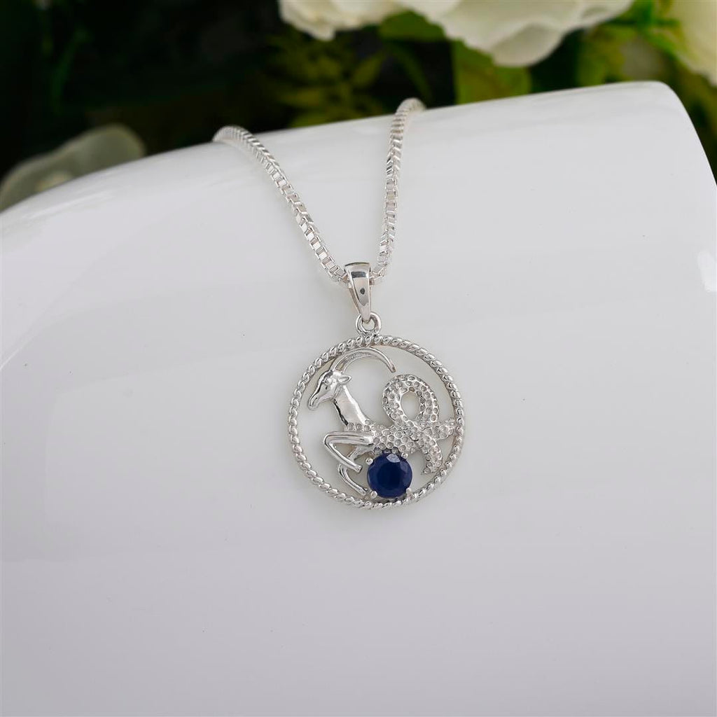 Capricorn & Blue Sapphire Pure 925 Silver Zodiac Pendant