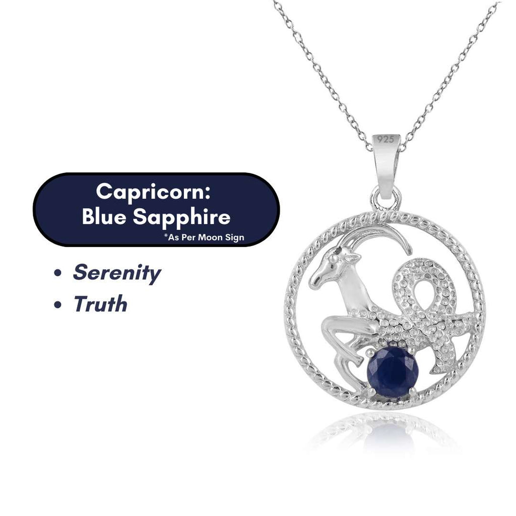 Capricorn & Blue Sapphire Pure 925 Silver Zodiac Pendant