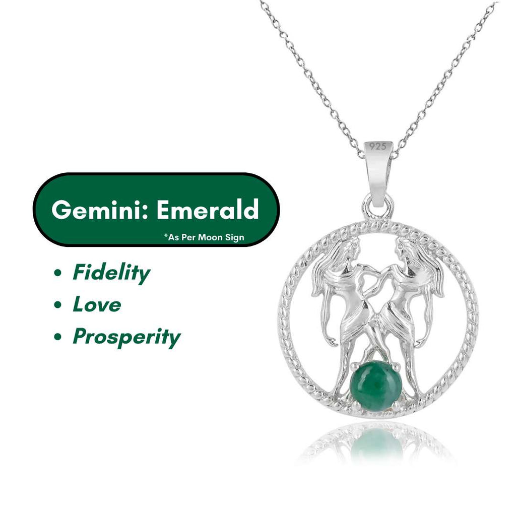 Gemini & Emerald Pure 925 Silver Zodiac Pendant