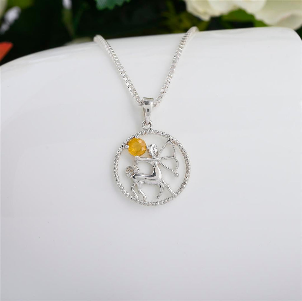 Sagittarius & Yellow Sapphire Pure 925 Silver Zodiac Pendant