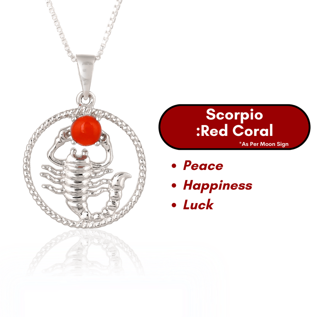 Scorpio & Red Coral Pure 925 Silver Zodiac Pendant